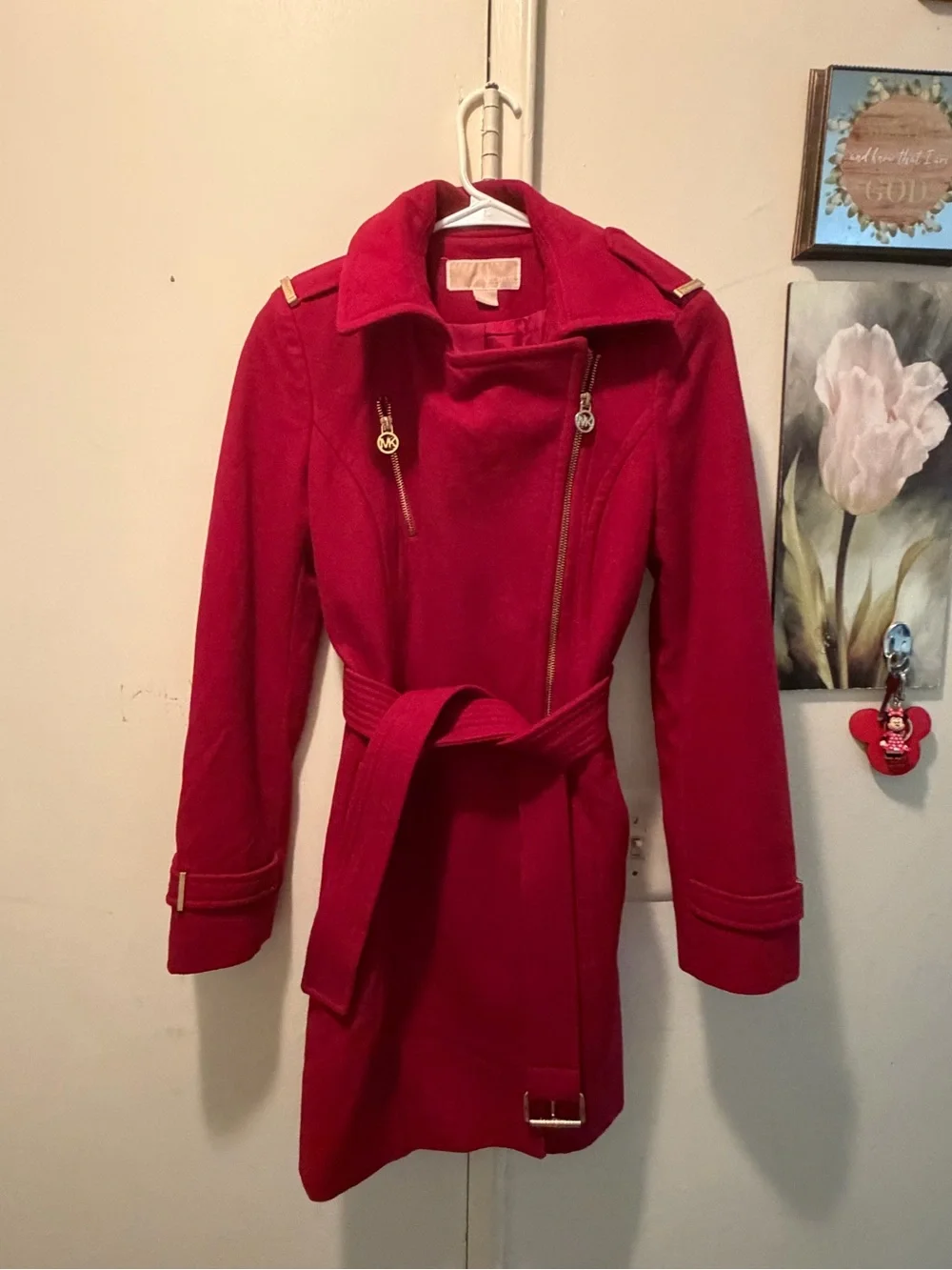 Michael Kors Red Wool Belted Asymmetrical Zip Coat Size 0